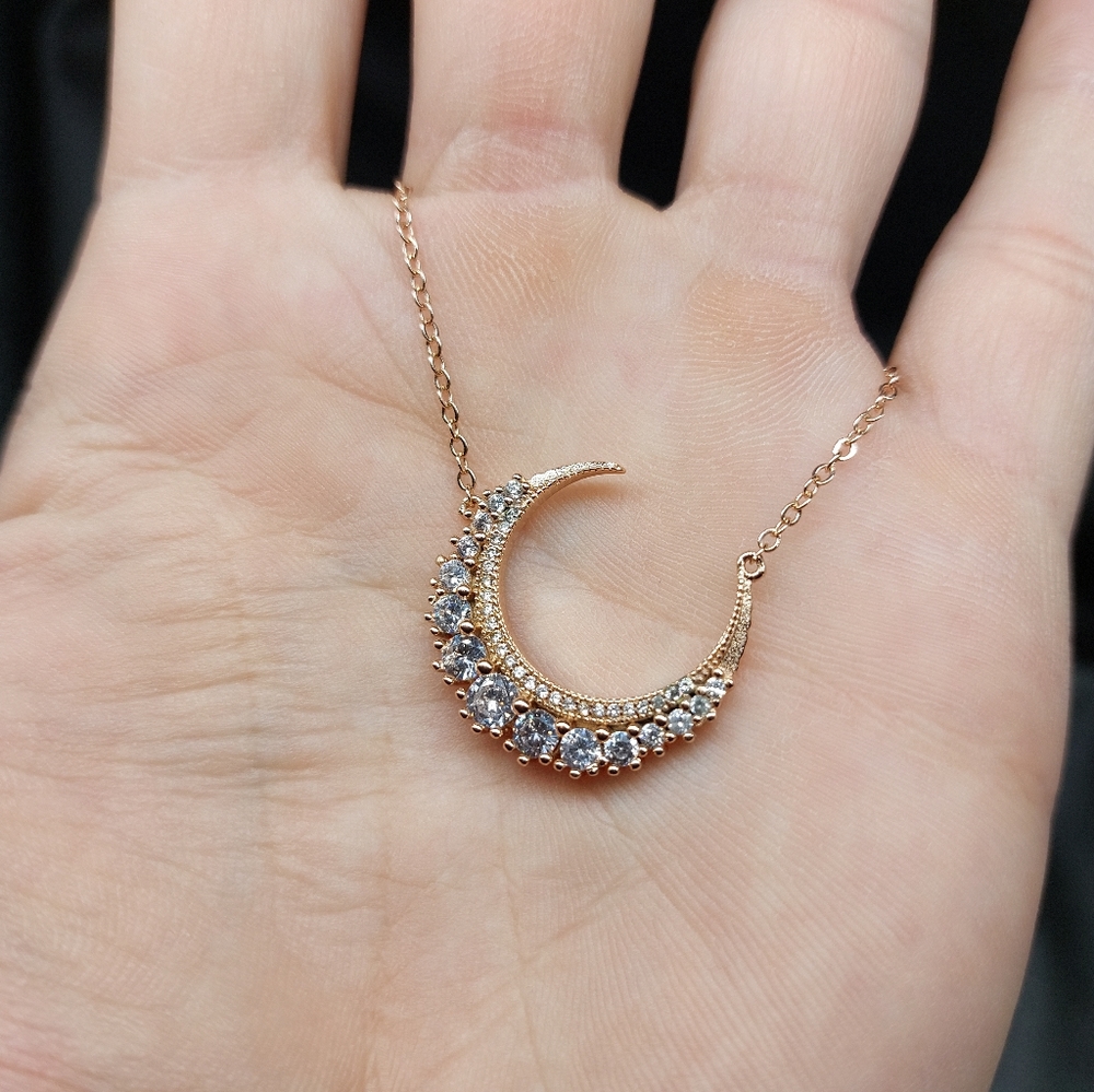 Rose Gold Crescent Moon, Cubic Zirconia Crystal Paved Necklace